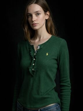 Ralph Lauren Green Ruffle Henley Top Size XL